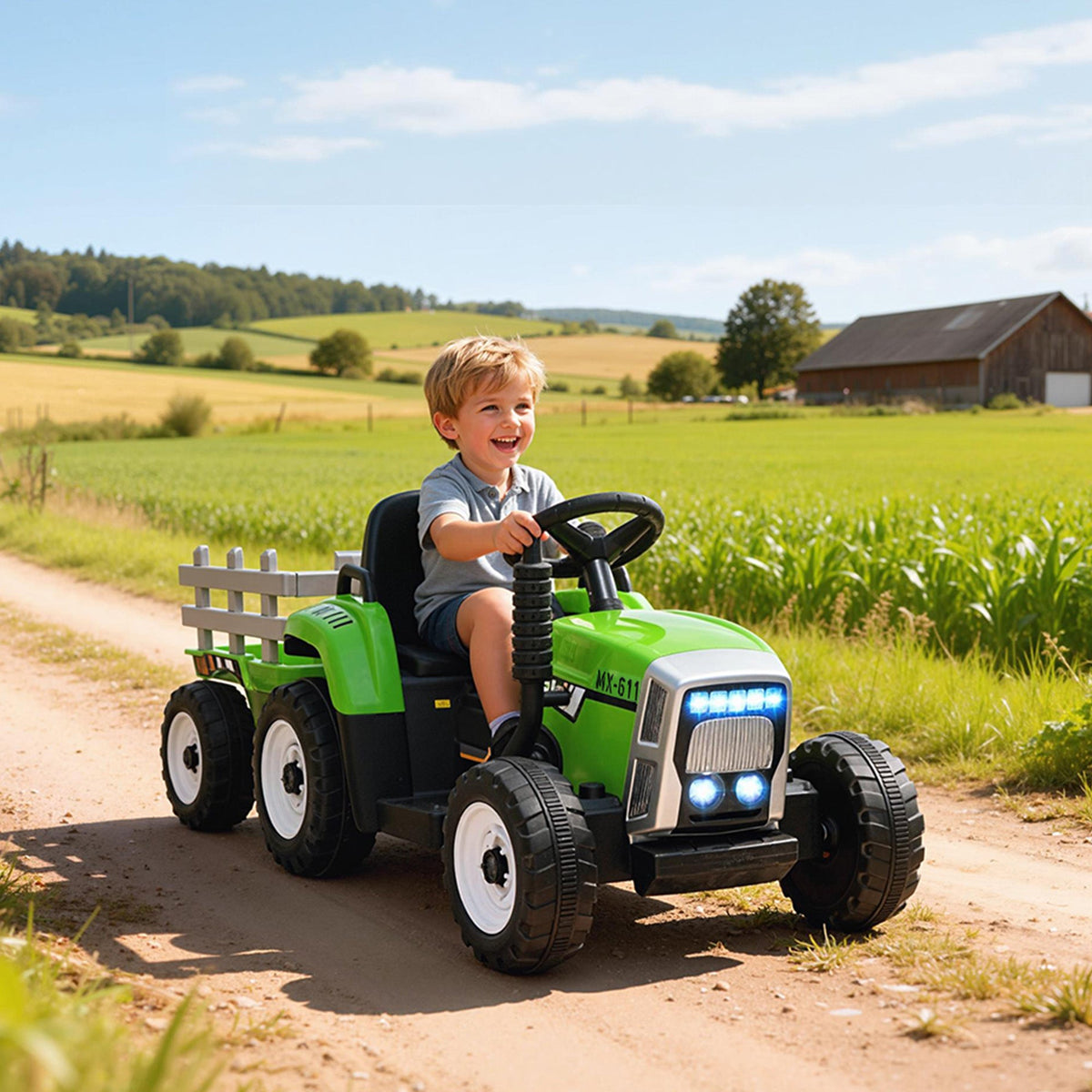 12V Kids Ride on Tractor with Trailer, Battery Powered Electric Kids Car with Remote Control, Music Start up Sound and Horn, USB, LED Lights, Green
