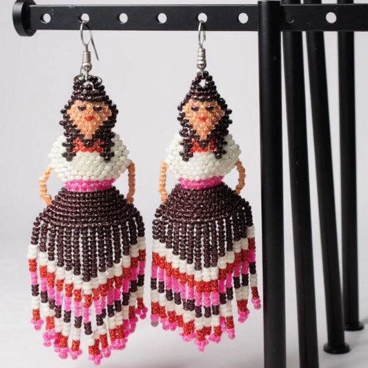 Purple Pink Beaded Ribbon Skirt Dancer Earrings
