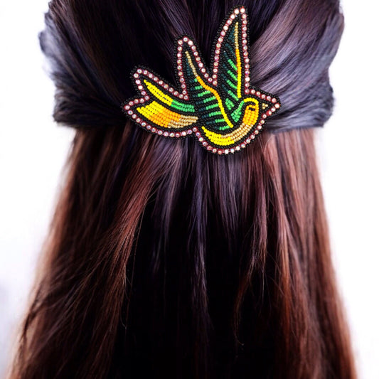 Yellow and Green Beaded Hummingbird Barrette
