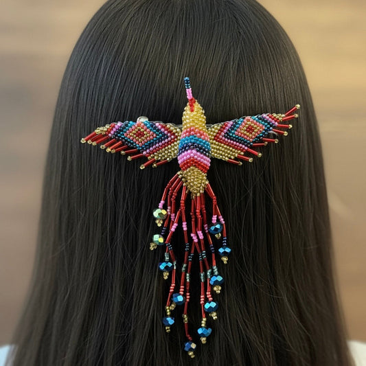 Red and gold Hummingbird Barrette with Fringes