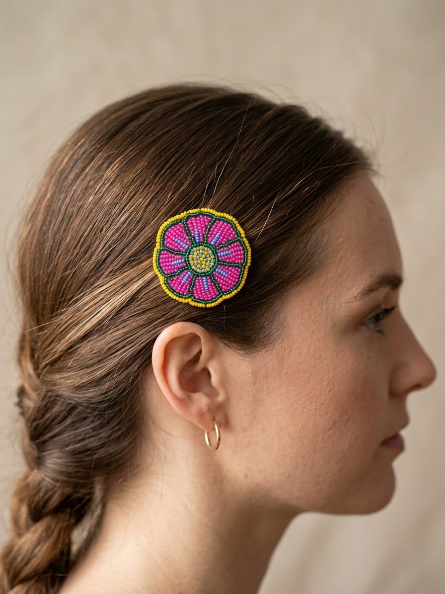 Pink Beaded Flower Barrette
