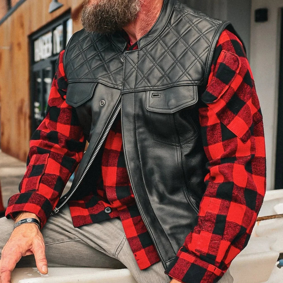 Open Road Men's Upside Leather Vest with Stitched Diamonds