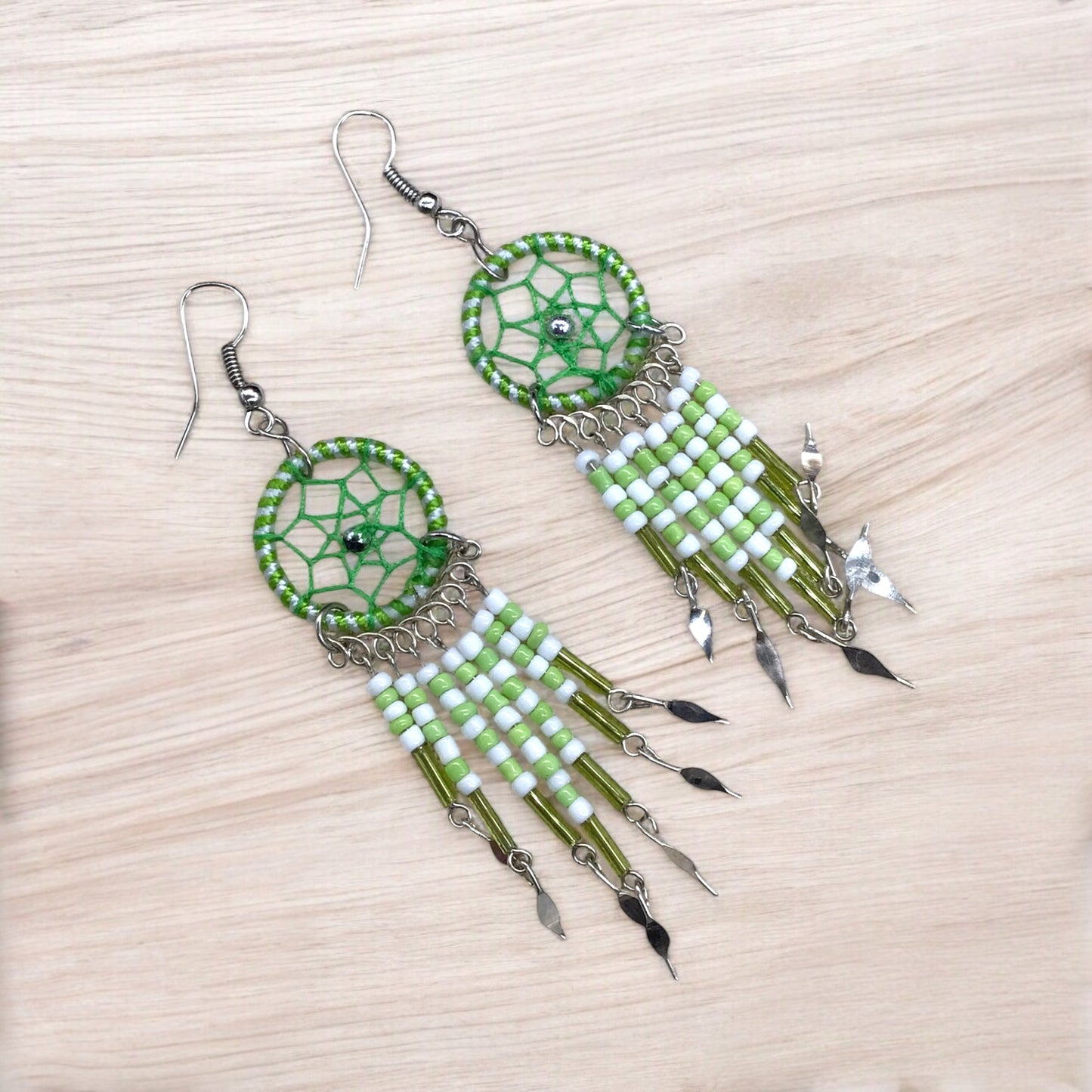 Green and White Beaded Dreamcatcher earrings