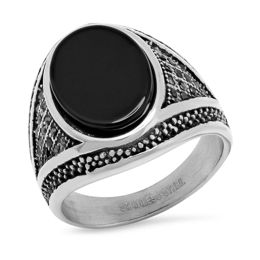 Men’s Stainless Steel Oval Black Stone Signet Ring. Biker Style with Textured Detail