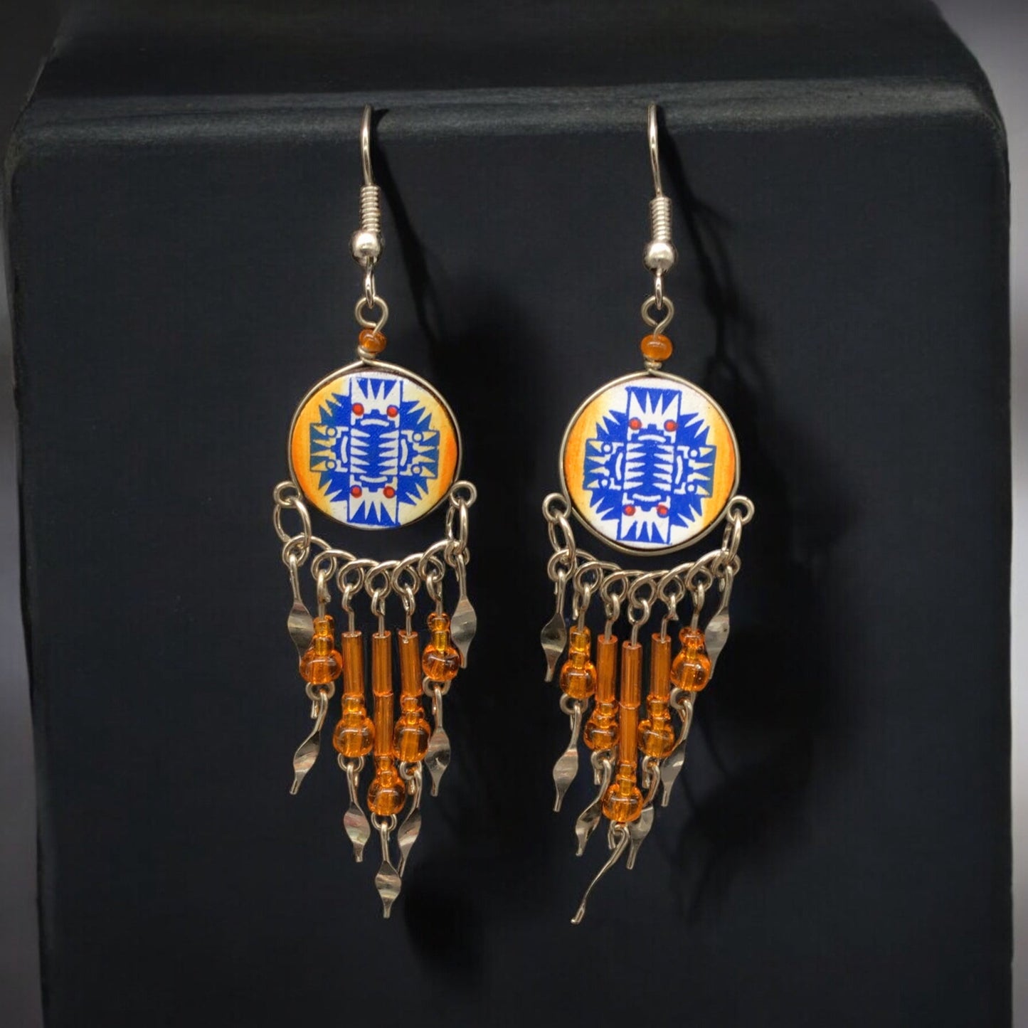 Orange and Blue Southwestern Round Shaped Dangle Earrings