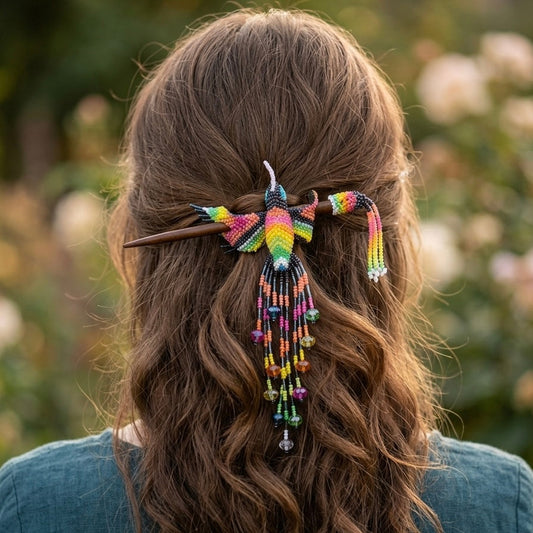 Navy Blue Hummingbird Beaded Hair Stick