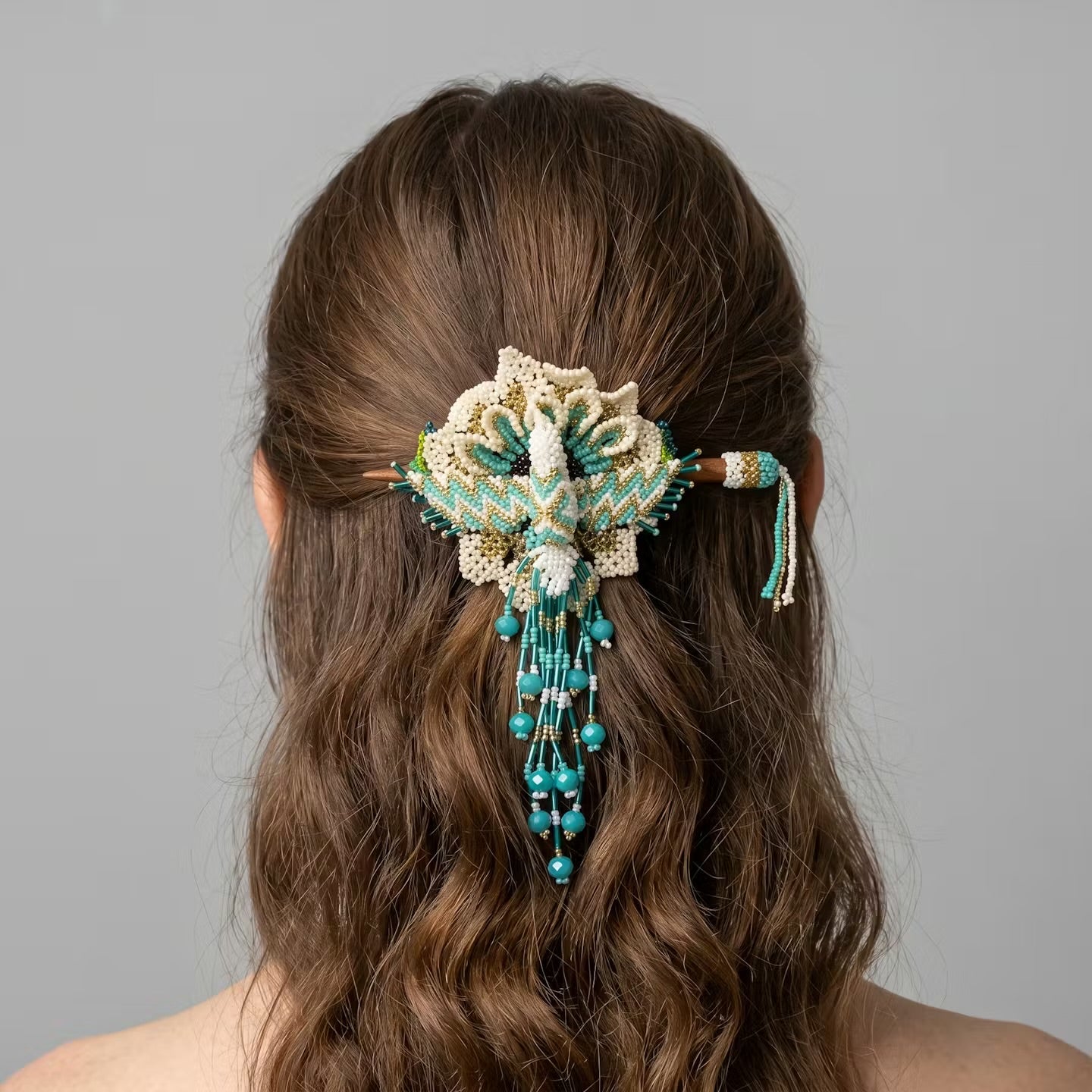 Maple Blossom Hummingbird Beaded Hair Stick Barrette Turquoise