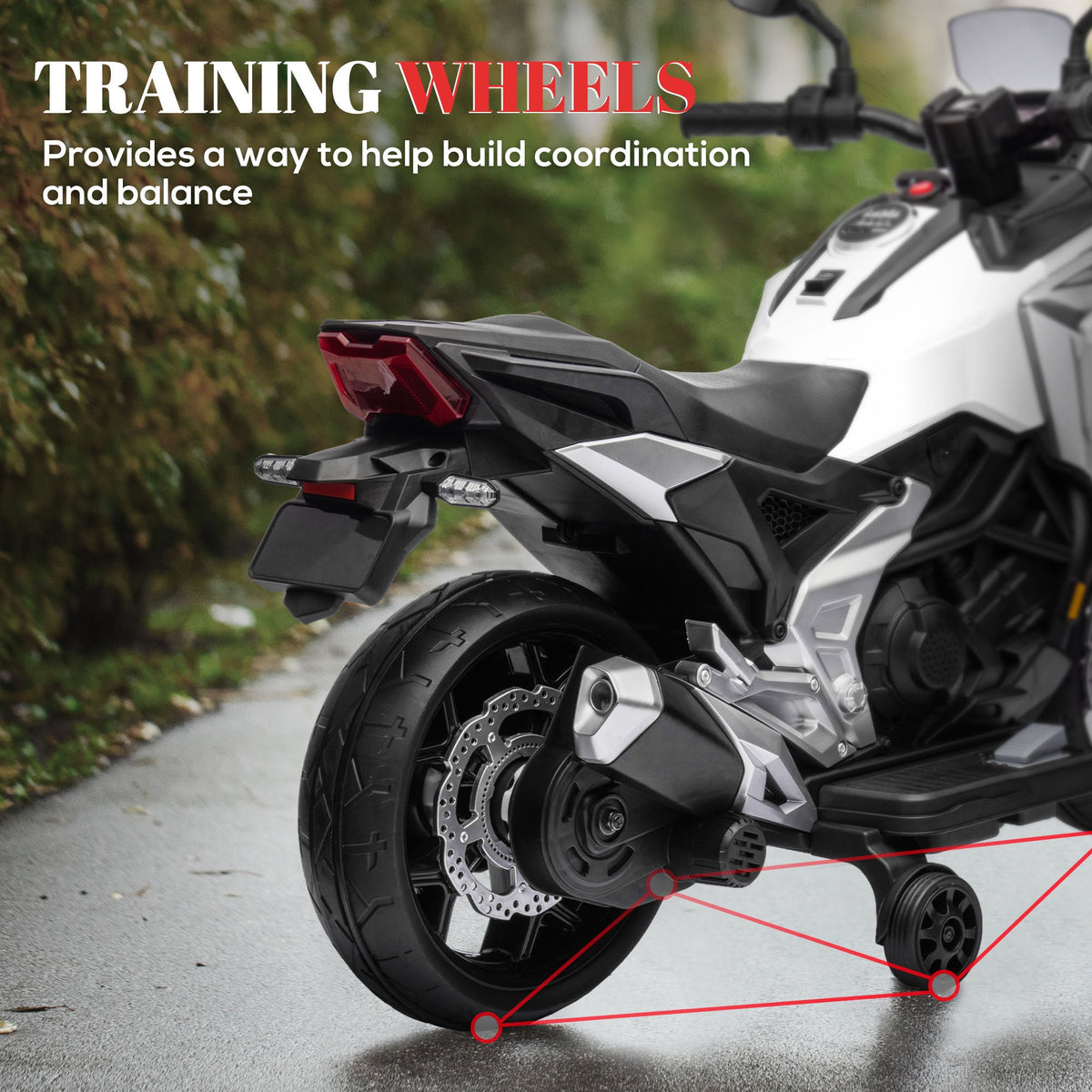 Honda Licensed 12V Ride on Motorbike for Kids with Headlights Music Training Wheels, for 3-6 Years, White