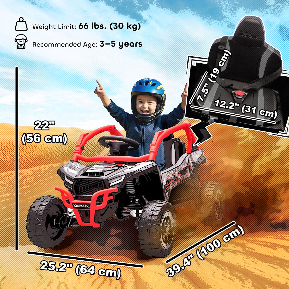 12V Ride on Truck, Licensed KAWASAKI TERYX KRX 2WD Kids Electric Car with Rear Suspension for 3-8 Years, Red