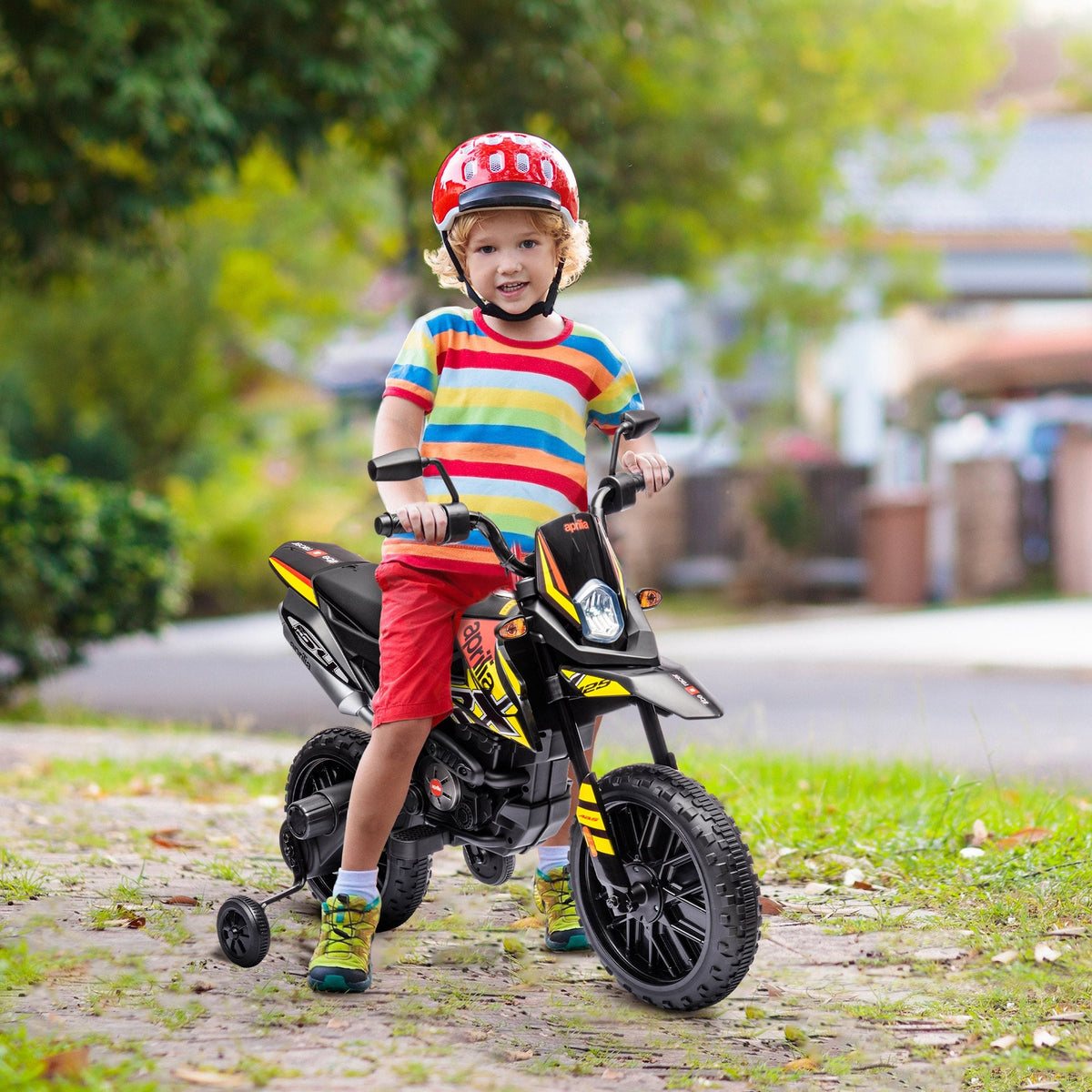 12V Aprilia Licenced Kids Electric Motorcycle, Battery-Powered Dirt Bike with Training Wheels for Aged 3-8, Red