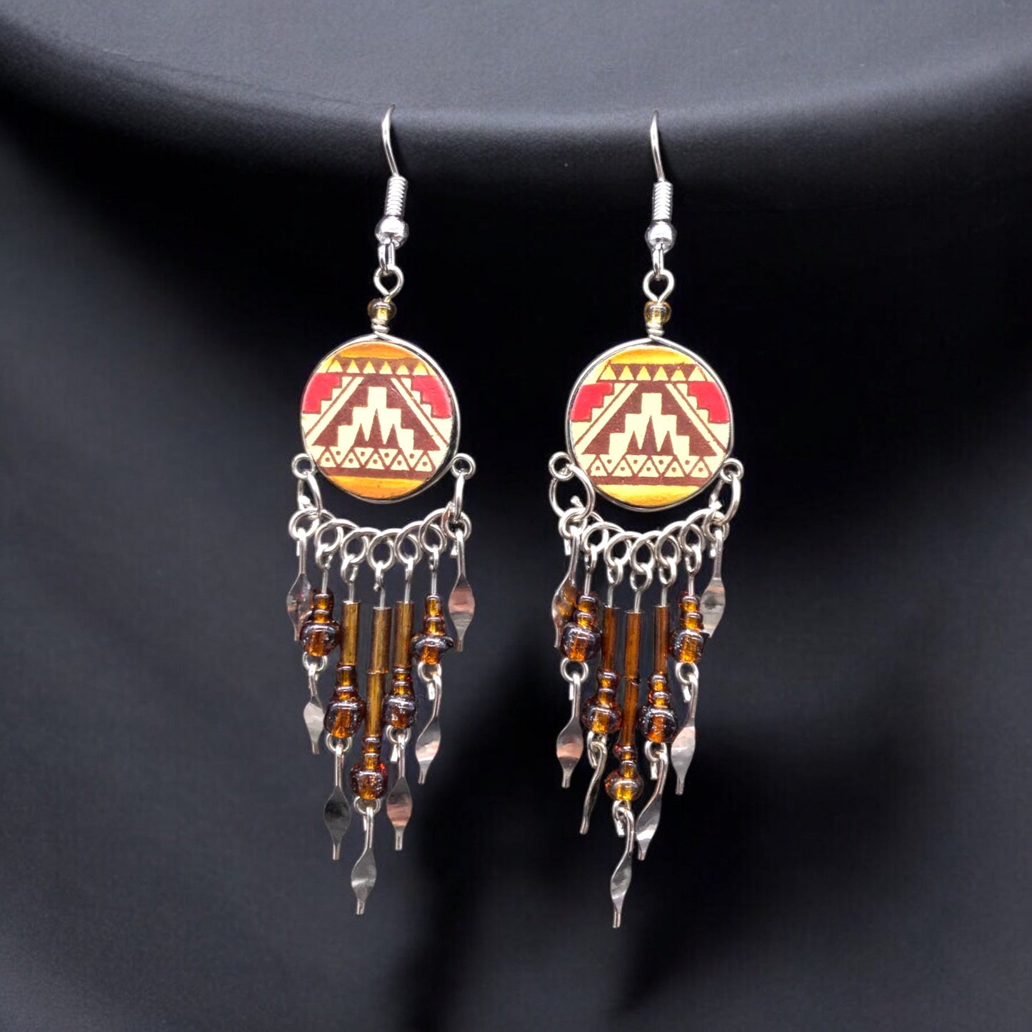 Red and Orange Southwestern Round Shaped Dangle Earrings