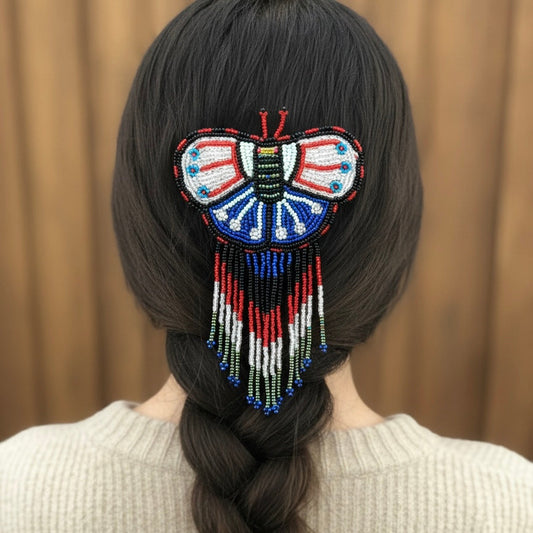 Butterfly Beaded Barrettes with Fringes Silver and Blue
