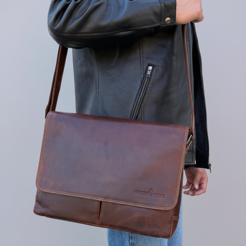 Greenwood Leather Laptop Bag. Premium Waxed Full-Grain Leather Briefcase for 16" Laptops