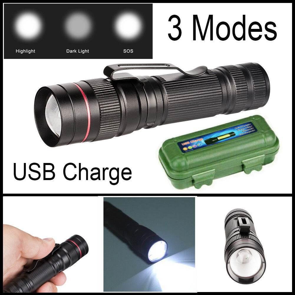 LED Military Flashlight USB Rechargeable Tactical Zoom Handheld Torch