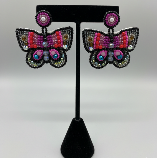 Butterfly Beaded Earrings - Black and Pink