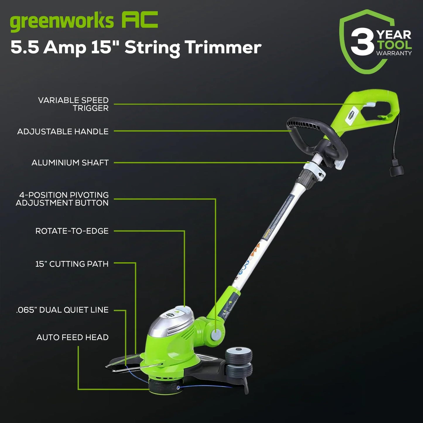 Greenworks 5.5 Amp 15″ Electric String Trimmer/Edger –Auto Dual Line Feed, Adjustable Handle, Rotating Head & Lightweight for Home Yard, Lawn Edges, Driveway, Fence Lines & Garden Borders Maintenance 🍁 All In One Marketplace Canada