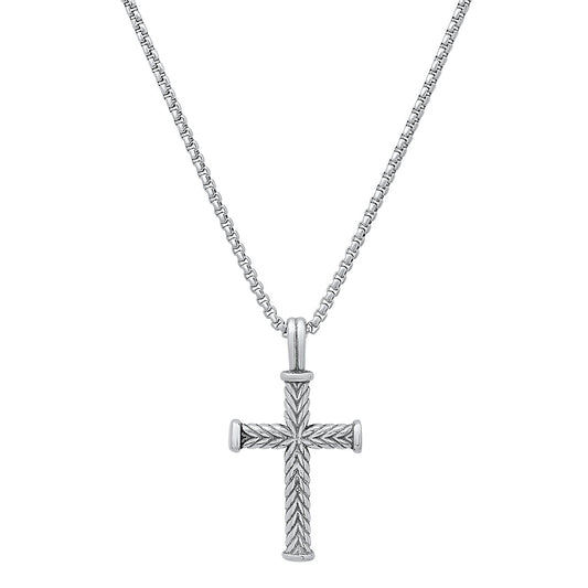 Men’s Stainless Steel Twist Design Cross Pendant. Textured Biker Wheat Chain Necklace