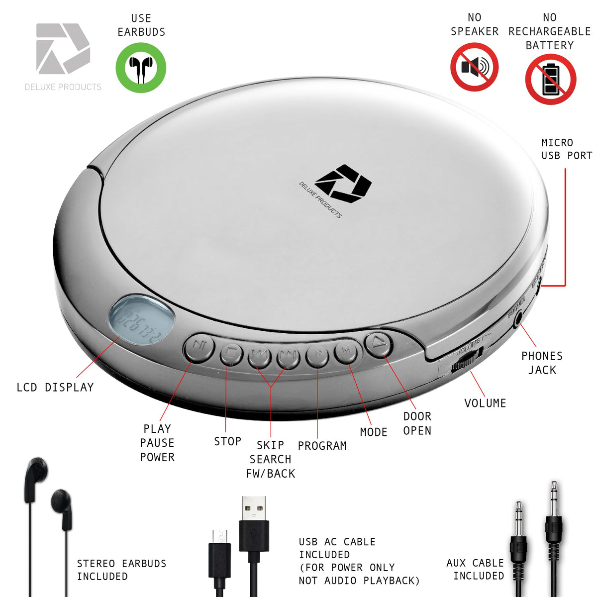 Deluxe Products CD Player Portable with 60 Second Anti Skip, Stereo Earbuds, Includes Aux in Cable and AC USB Power Cable for use at Home or in Car. Silver 🍁 All In One Marketplace Canada