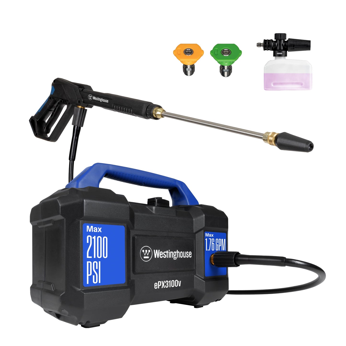 Westinghouse ePX3100v Electric Pressure Washer, 2100 Max PSI 1.76 Max GPM, Built-in Carry Handle, Detachable Foam Cannon, Pro-Style Steel Wand, 3-Nozzle Set, for Cars/Fences/Driveways/Home/Patios 🍁 All In One Marketplace Canada