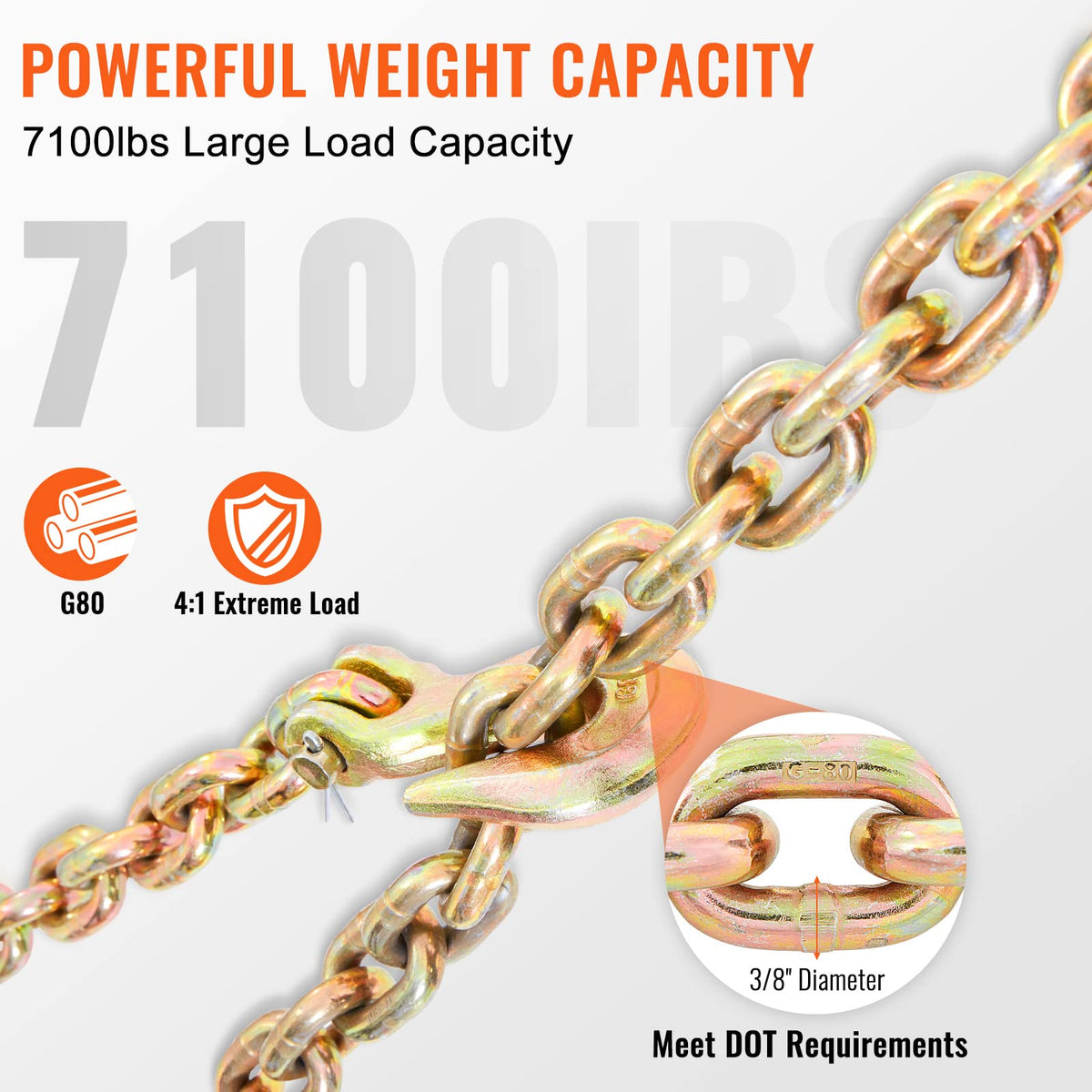 VEVOR Transport Binder Chain, 7100 lbs Working Load Limit, 3/8'' x 20' G80 Tow Chain Tie Down with Grab Hooks, DOT Certified, Galvanized Coating Manganese Steel for Dock Factory Construction Site 🍁 All In One Marketplace Canada