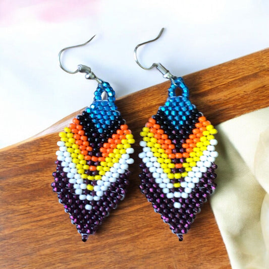 Purple and blue Beaded Feather Drop Earrings