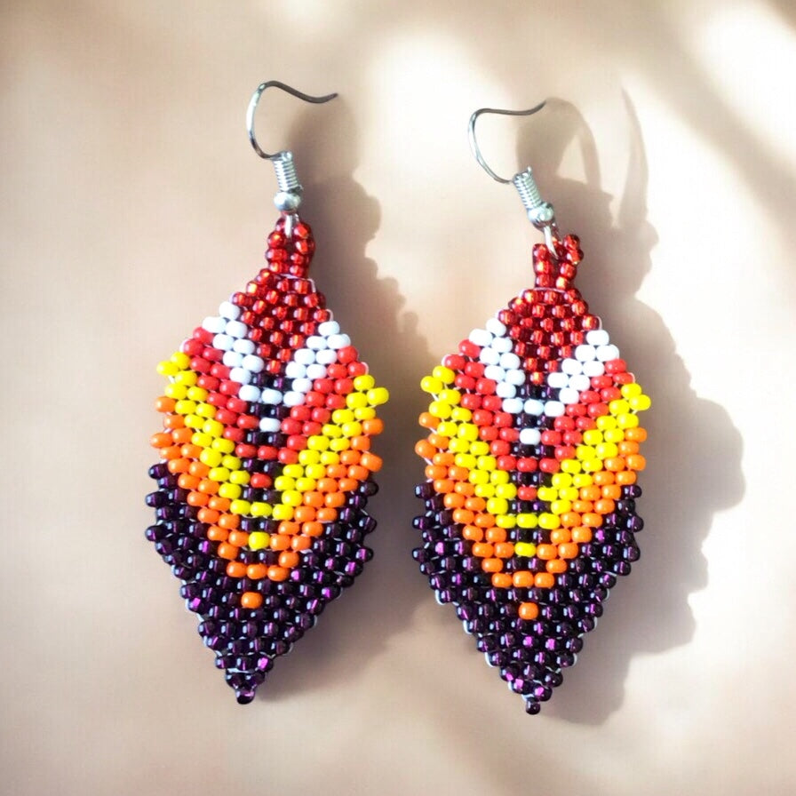 Purple and red Beaded Feather Drop Earrings