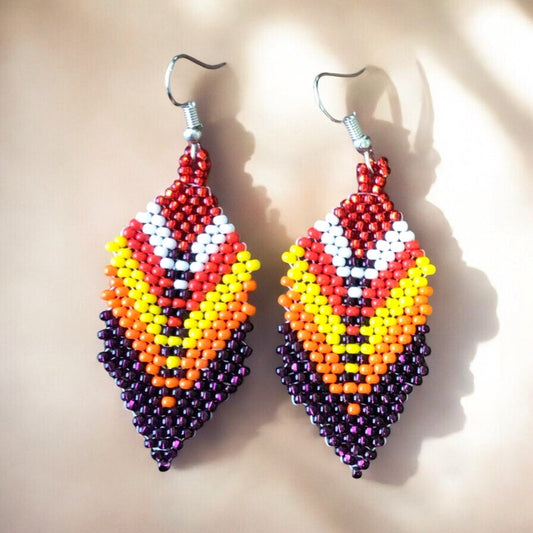 Purple and red Beaded Feather Drop Earrings