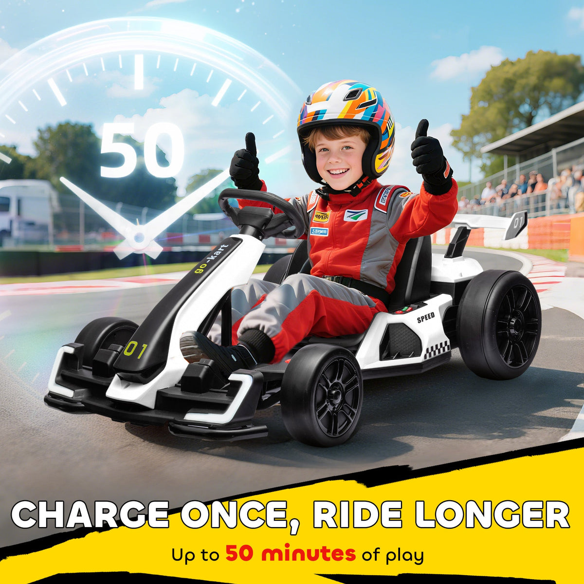 24V Electric Go Kart, Battery Powered Kids Drift Kart with Adjustable Seat, Seat Belt, Horn, Music, Light, Red