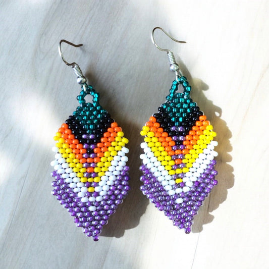 Green and light purple Beaded Feather Drop Earrings