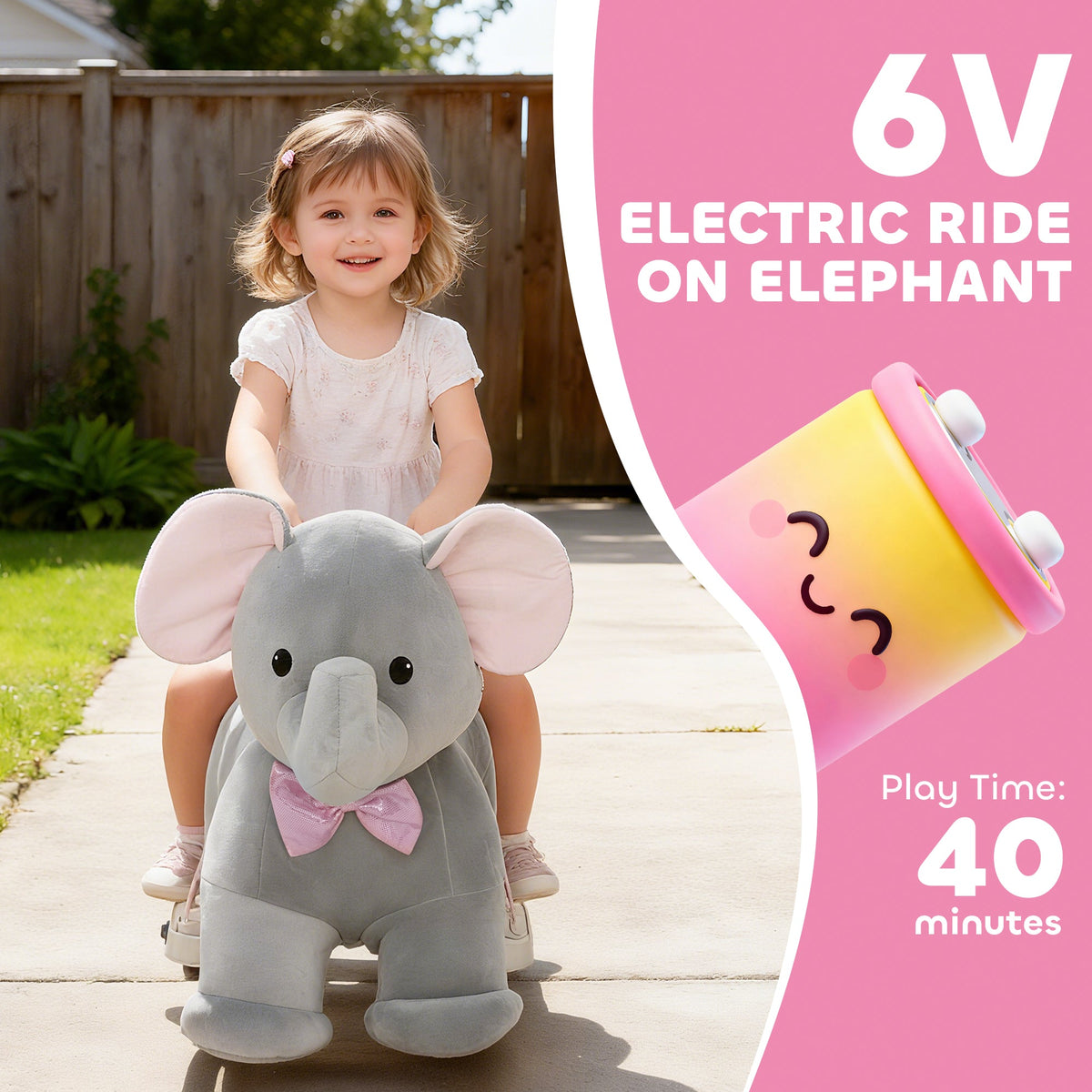 6V Kids Ride on Toy, Ride on Horse Elephant with Music, Soft Touch, Silent PU Wheels, Forward, for 1.5-5 Years