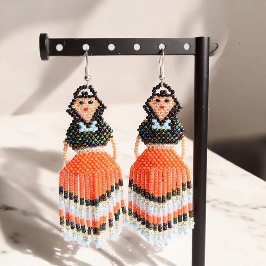 Orange Blue Beaded Ribbon Skirt Dancer Earrings