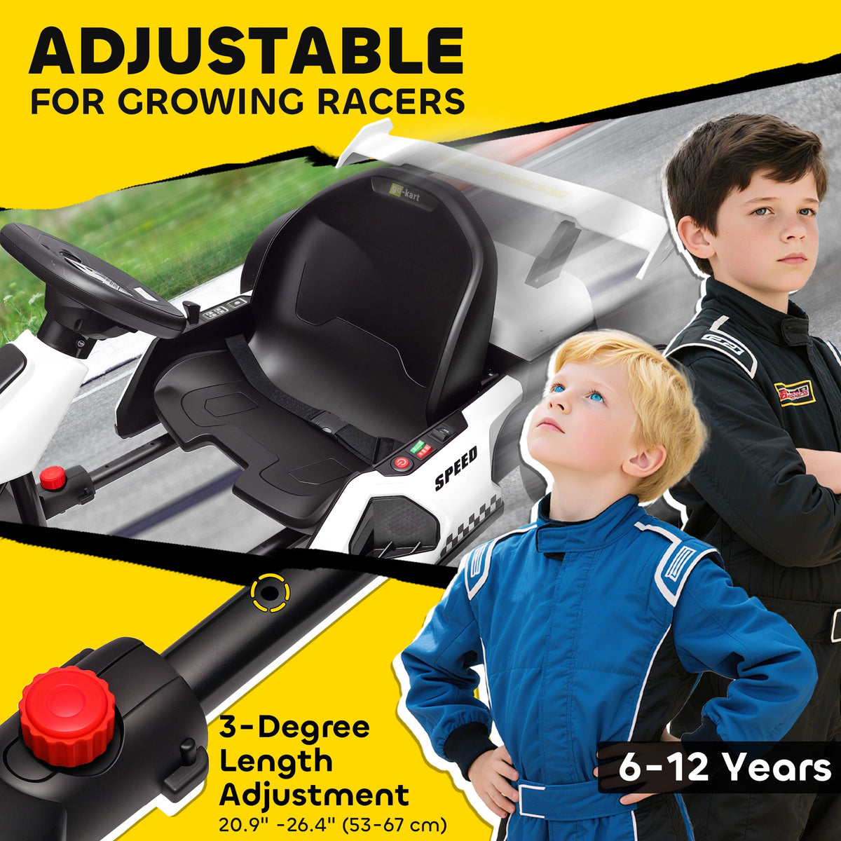 24V Electric Go Kart, Battery Powered Kids Drift Kart with Adjustable Seat, Seat Belt, Horn, Music, Light, Red