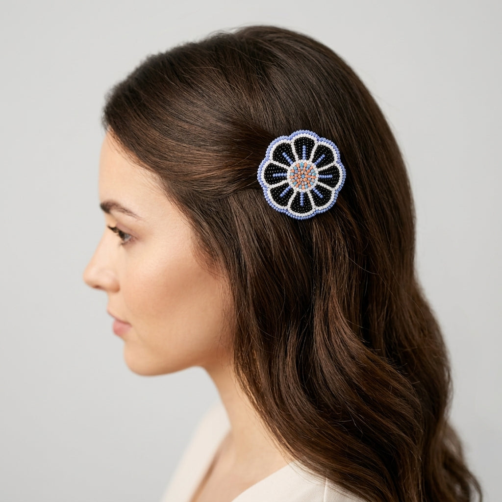 White Beaded Flower Barrette
