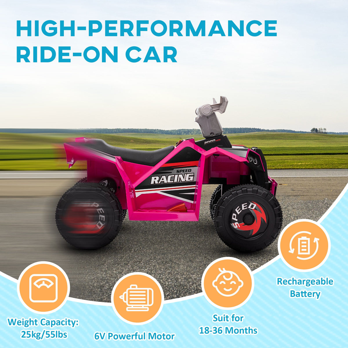 6V Quad Kids Electric Car with Wear-resistant Wheels, for Boys and Girls Aged 18-36 Months, Pink