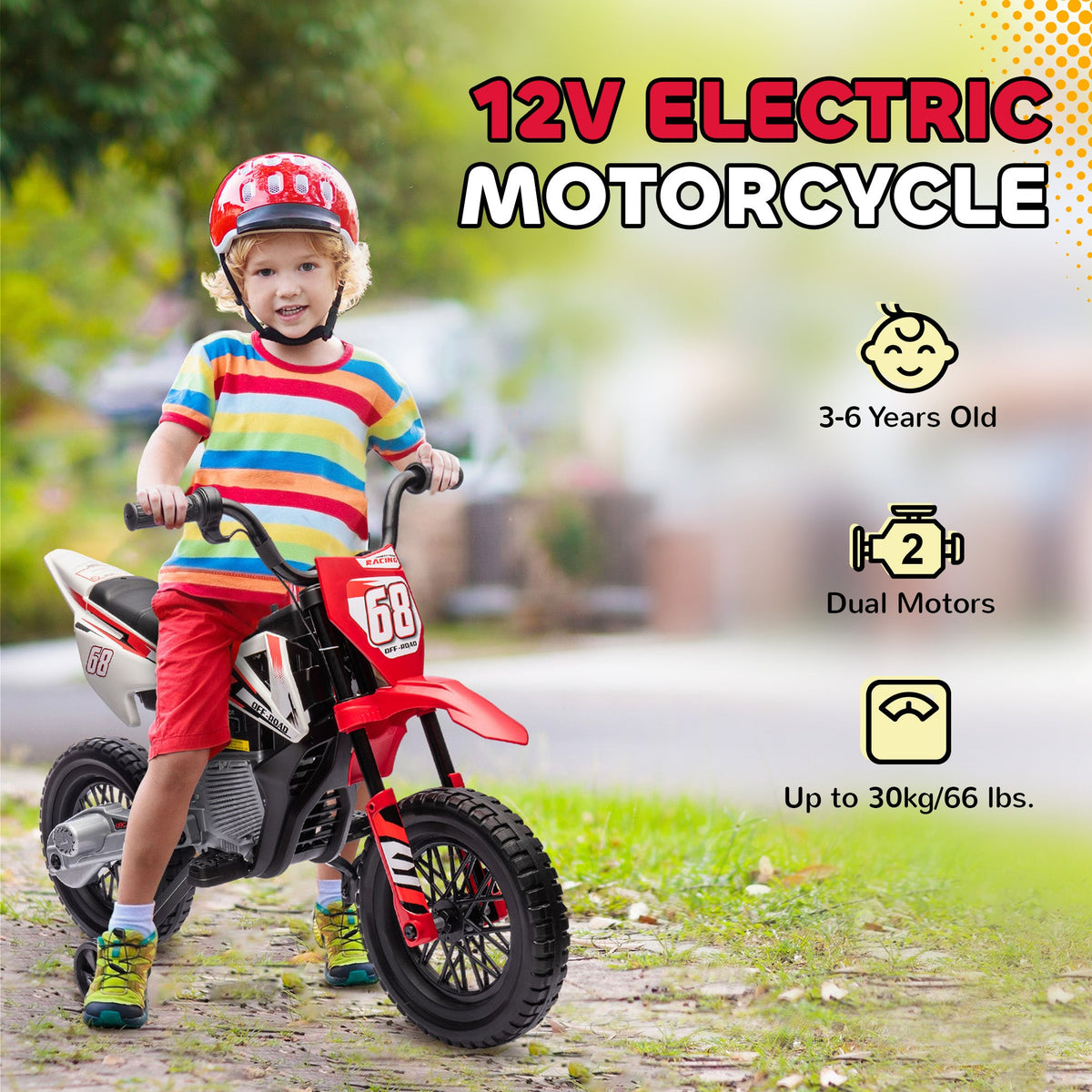 12V Kids Dirt Bike, Electric Motorcycle with Twist Grip Throttle, Training Wheels, Rear Suspension & Music, Blue