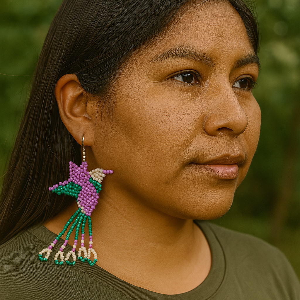 Handmade Beaded Hummingbird Earrings – Purple & Turquoise