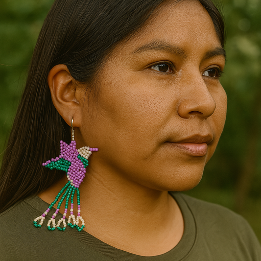 Handmade Beaded Hummingbird Earrings – Purple & Turquoise