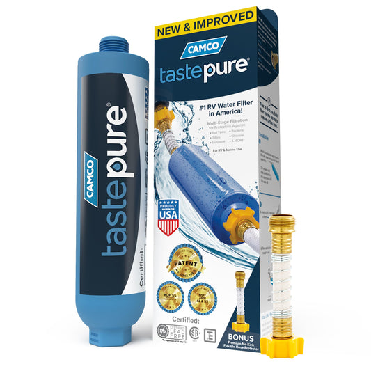 Camco Tastepure RV Water Filter - New & Advanced RV Inline Water Filter with Flexible Hose Protector - GAC & KDF Filtration - Made in USA - Camping Essentials for Fresh Drinking Water (40013) 🍁 All In One Marketplace Canada