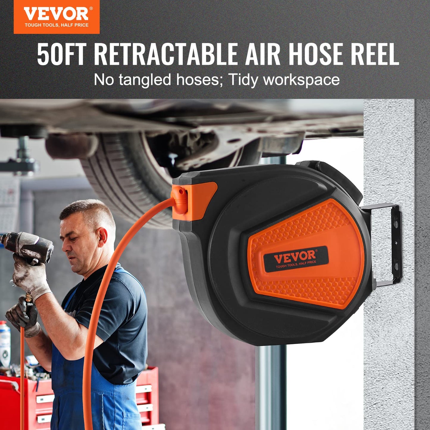 VEVOR Retractable Air Hose Reel, 3/8 in x 50 FT Hybrid Air Hose Max 300PSI, Air Compressor Hose Reel with 5 ft Lead in, Ceiling/Wall Mount Enclosed Air Reel, 180° Swivel Mount 🍁 All In One Marketplace Canada