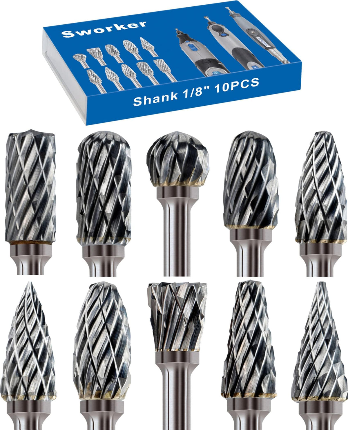 Sworker 10Pcs 1/8" Shank Carbide Burrs Set Bits Compatible with Dremel Metal Grinding Wood Stone Carving Cutting Engraving Grinder Kit Attachment Rotary Tool Accessories 🍁 All In One Marketplace Canada
