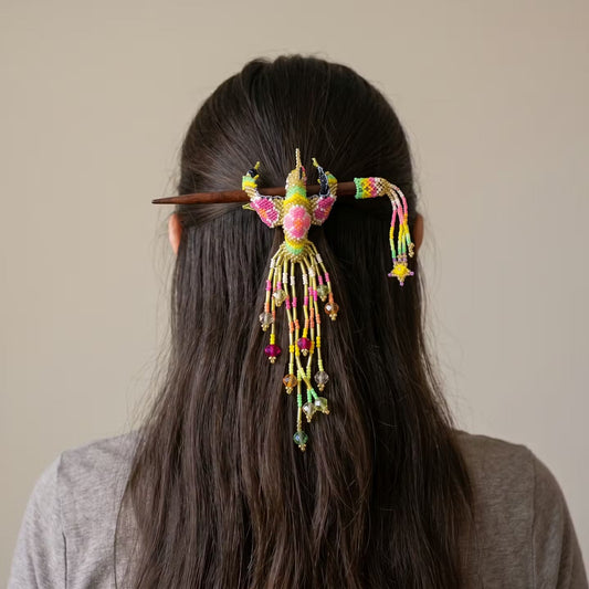 Golden Hummingbird Beaded Hair Stick