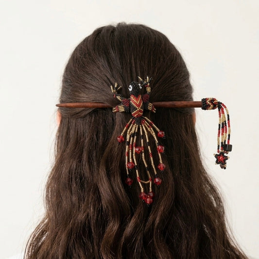 Red & Black Hummingbird Beaded Hair Stick