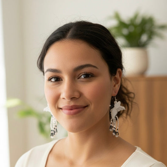 Handmade Beaded Hummingbird Earrings – white and black