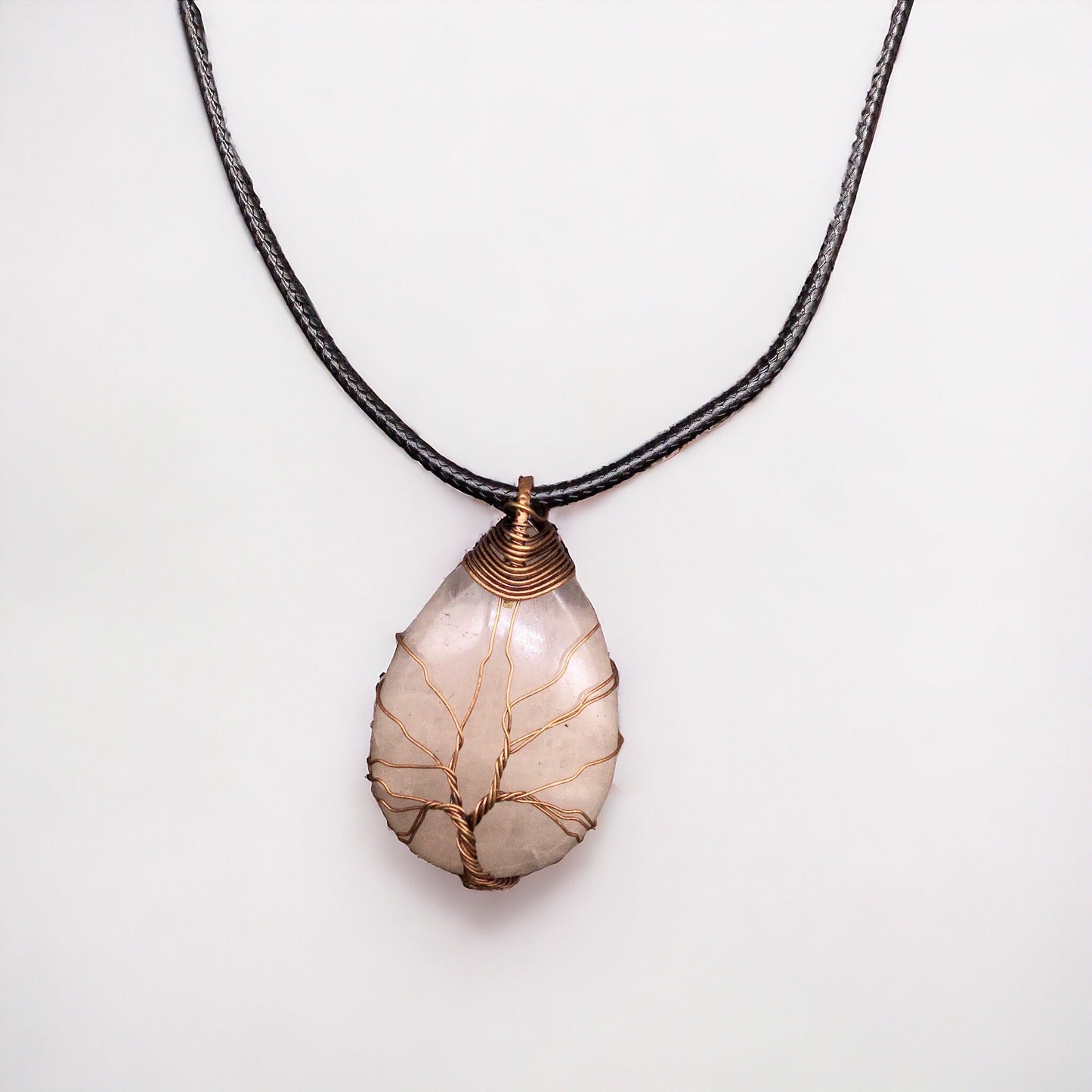 Light pink Gemstone Pendant Wrapped w/  bronze Tree of Life