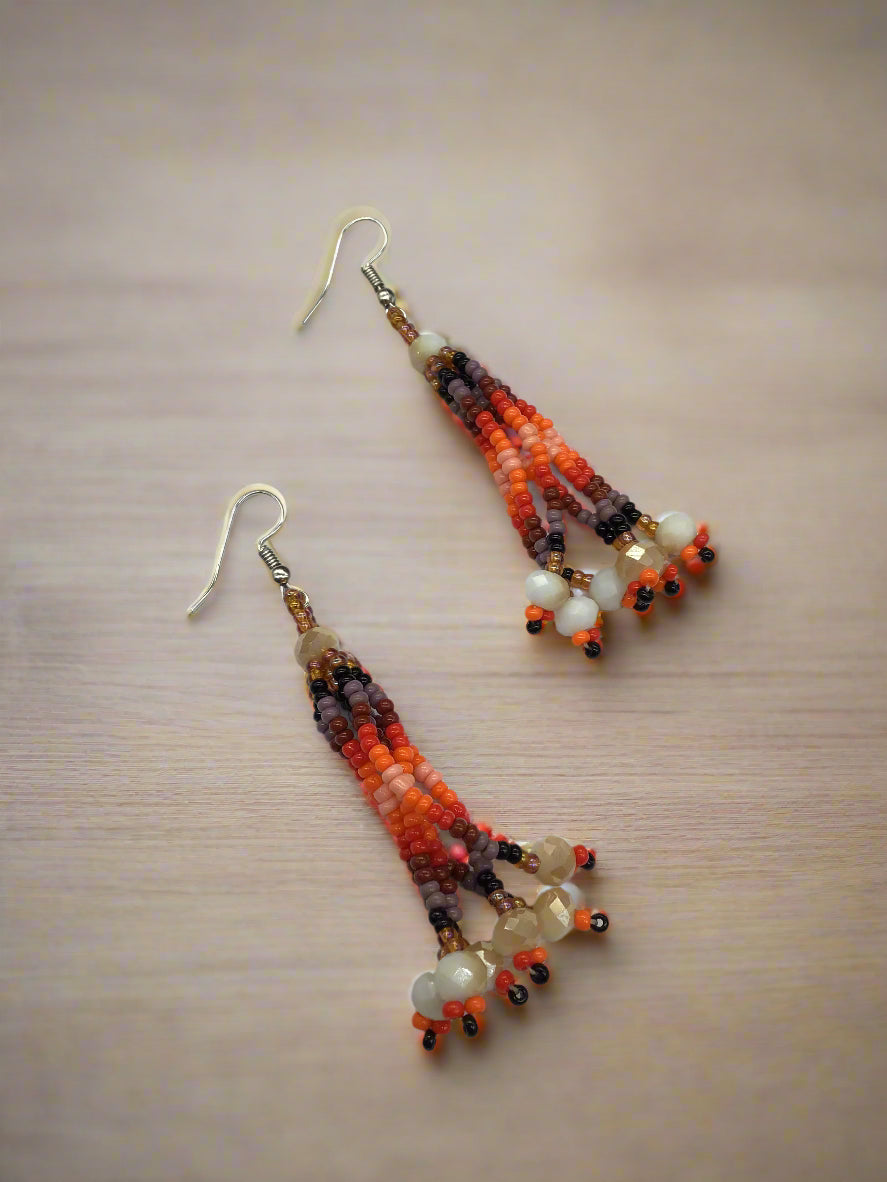 Moss Brown Six-Strand Beaded Cascade Earrings