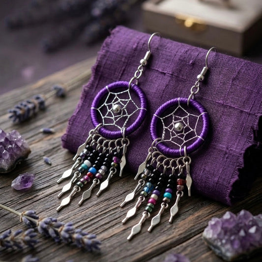 Purple Beaded Dreamcatcher earrings