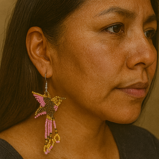Handmade Beaded Hummingbird Earrings – Pink & Golden