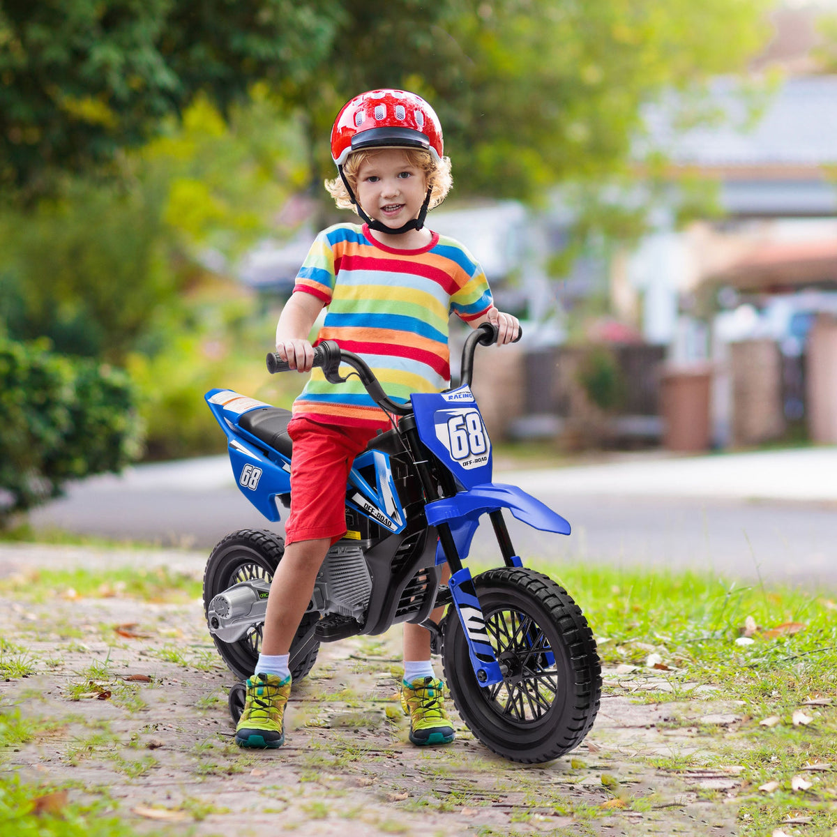12V Kids Dirt Bike, Electric Motorcycle with Twist Grip Throttle, Training Wheels, Rear Suspension & Music, Blue
