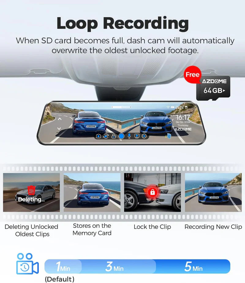 AZDOME PG17 12" Mirror Dash Cam GPS WiFi6 4K+2.5k Front & Rear 64GBCARD FREE