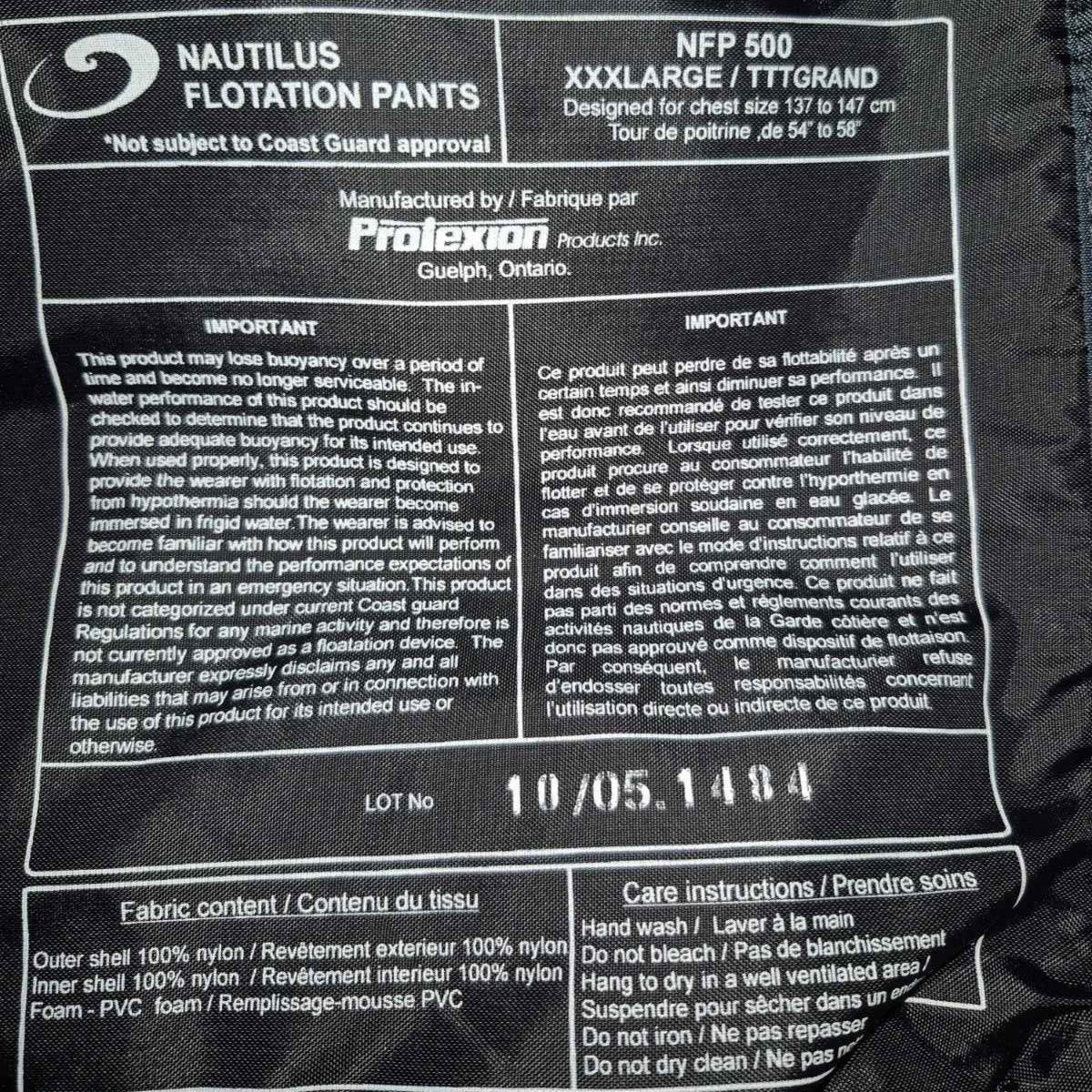 Nautilus Pro Series Insulated Survival Flotation Pants 3XL Made in Canada!
